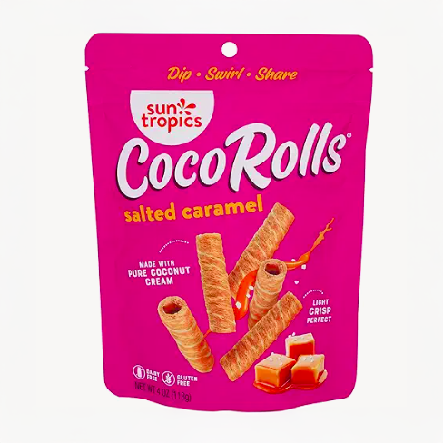 CocoRolls Salted Caramel coconut roll bag with caramel candy pieces