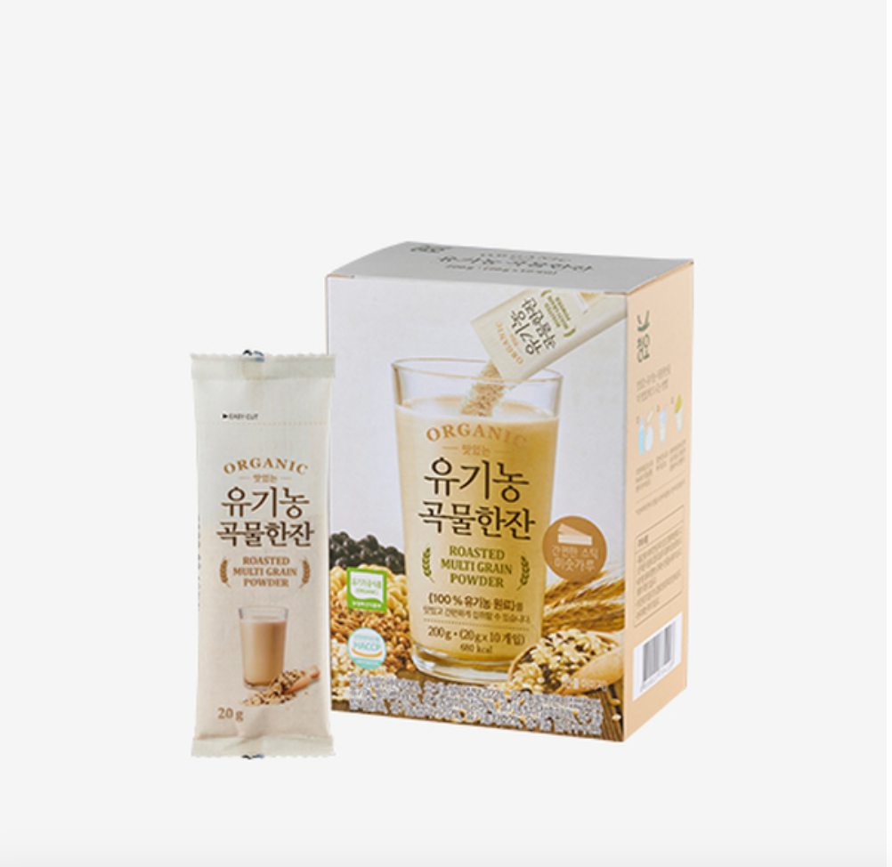 Box and packet of Organic Roasted Multi Grain Powder on a white background