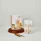 Packaging of organic food products on a wooden stand with a white background