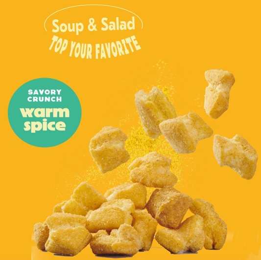 Warm spice mochi crunch snack bites graphic with scattered crunchy pieces