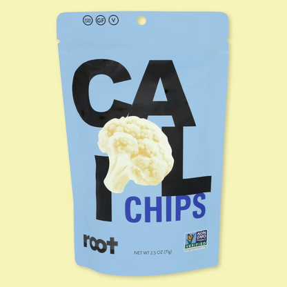 Cauliflower chips bag with cauliflower illustration and net-weight pouch