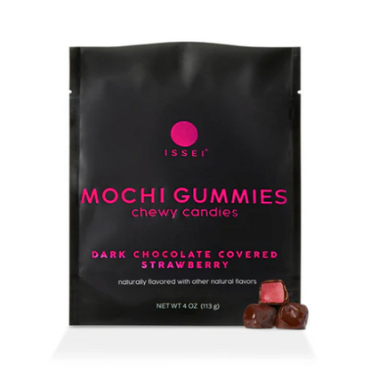 Mochi gummies pouch with dark chocolate covered strawberry label