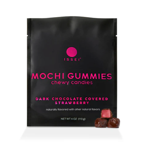Mochi gummies pouch with dark chocolate covered strawberry label