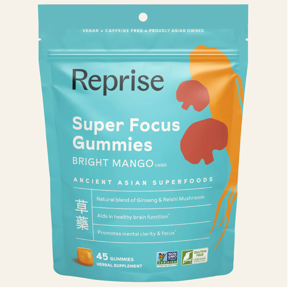 Turquoise gummy supplement pouch with 'Reprise' and 'Super Focus Gummies' text, mango flavor