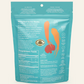 Turquoise supplement pouch back with directions panel and 'Vegan' and 'Gluten Free' icons
