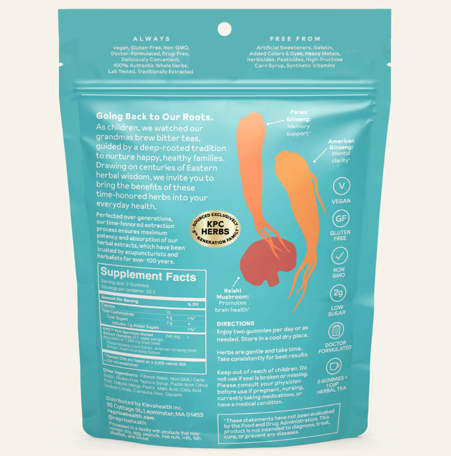 Turquoise supplement pouch back with directions panel and 'Vegan' and 'Gluten Free' icons
