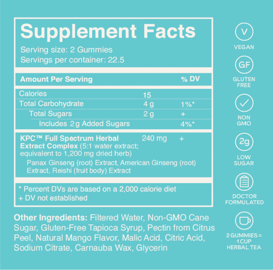 Supplement Facts label for gummy servings with %DV table and vegan/gluten-free icons