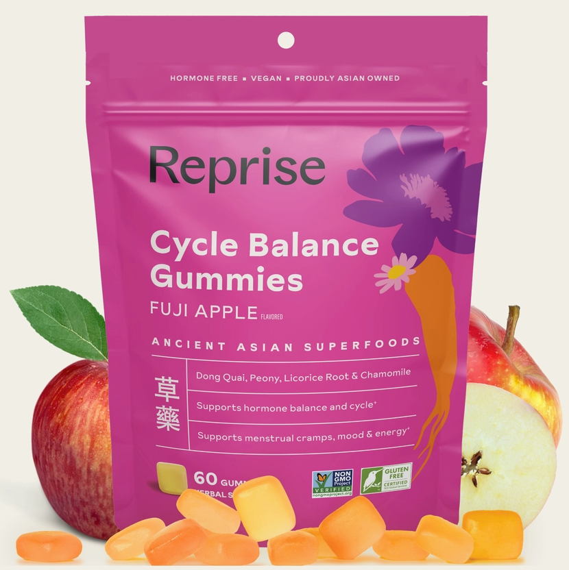 Cycle balance gummies pouch with orange yellow gummies and apples on bottom