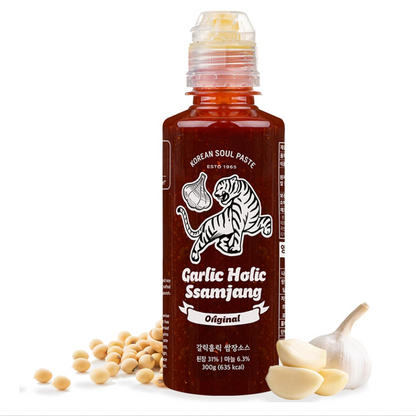 Garlic Holic Ssamjang sauce bottle (Original), dark red paste in squeeze bottle