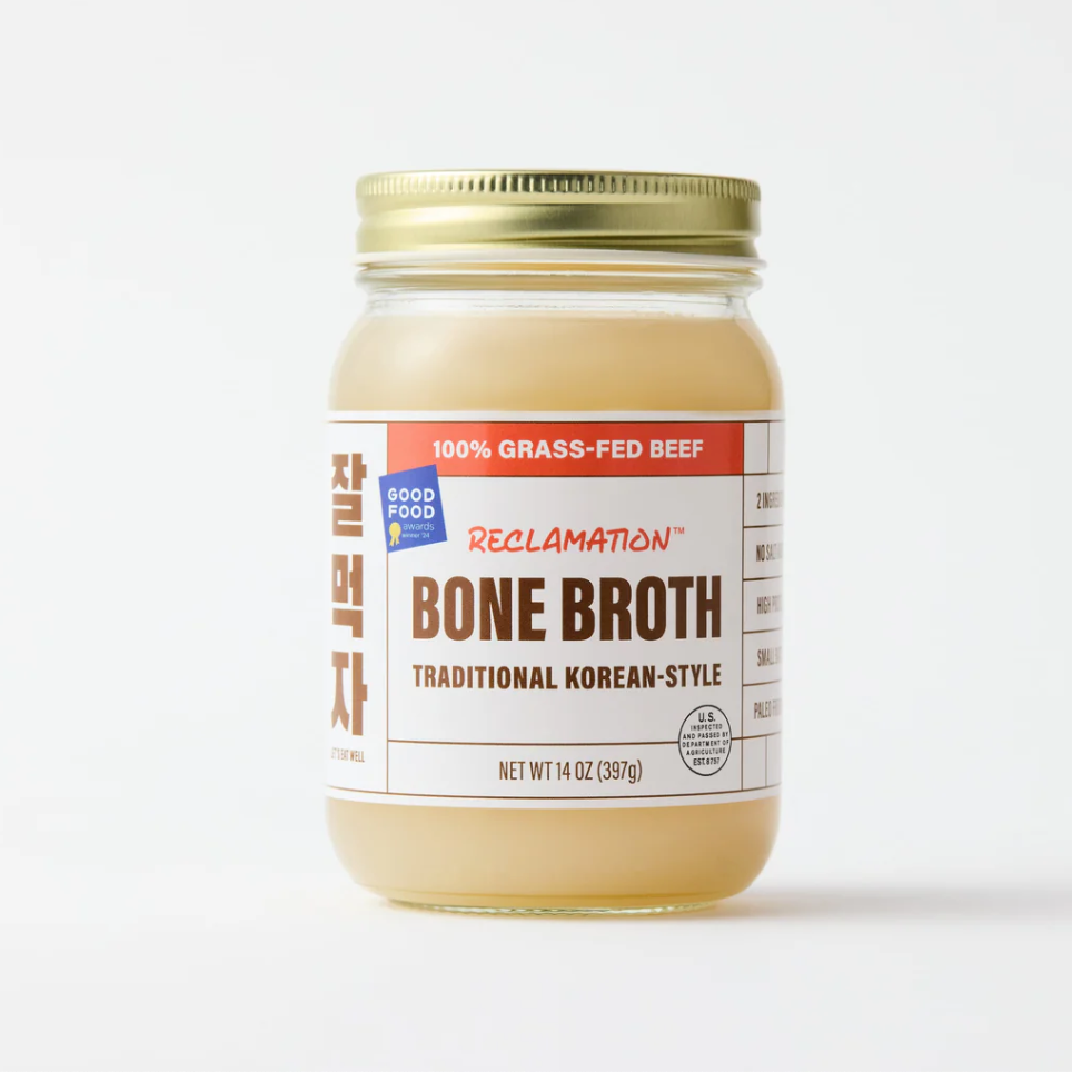 Korean-style beef bone broth jar with label and gold lid, 14 oz