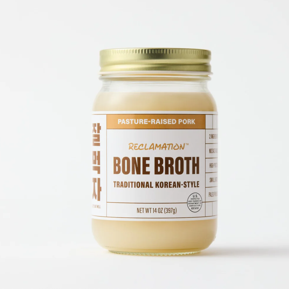 Korean-style pork bone broth jar with label and gold lid, 14 oz