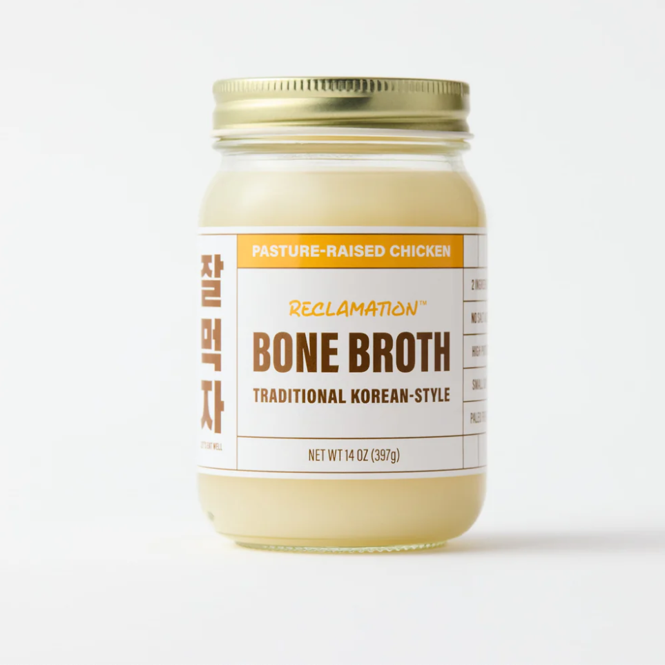 Korean-style chicken bone broth jar with label and gold lid, 14 oz