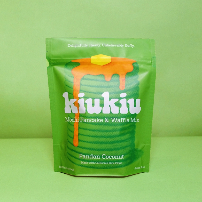 Pandan mochi pancake and waffle mix pouch, green plastic bag with front label