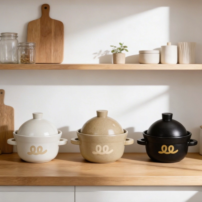 Set of 3 ceramic rice pots with lids—white, beige, and black—owl logo and handles