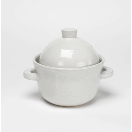 Ceramic rice pot with lid, white glaze, owl logo and two side handles