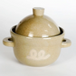 Ceramic rice pot with lid, beige glaze and owl logo, curved side handles