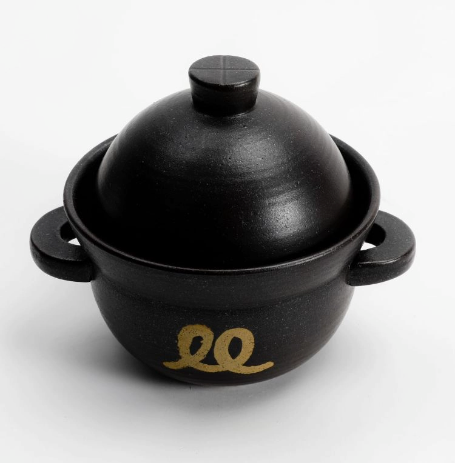 Ceramic rice pot with lid, black glaze, owl logo on front, side loop handles