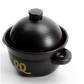 Ceramic rice pot with lid, black glaze, owl logo and one side handle