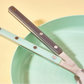 Cutlery set with stainless spoon and chopsticks, mint and dark brown handles with dots