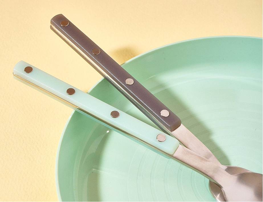 Cutlery set with stainless spoon and chopsticks, mint and dark brown handles with dots