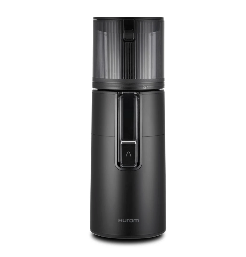 Hurom H400 juicer front view, black body with central control lever