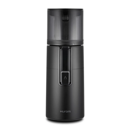 Hurom H400 juicer, matte black front view with drip tray and control lever