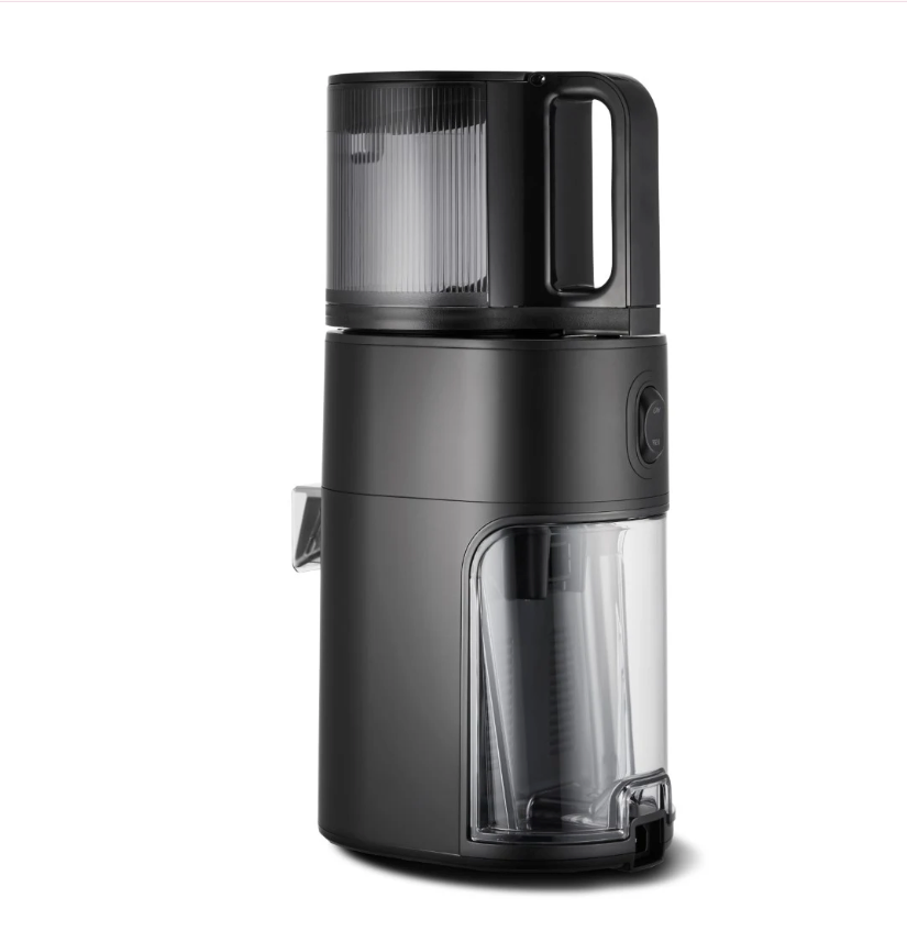 Hurom H400 juicer with side handle and clear pulp container on black base