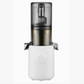Compact cold-press juicer with clear container and white base, front view