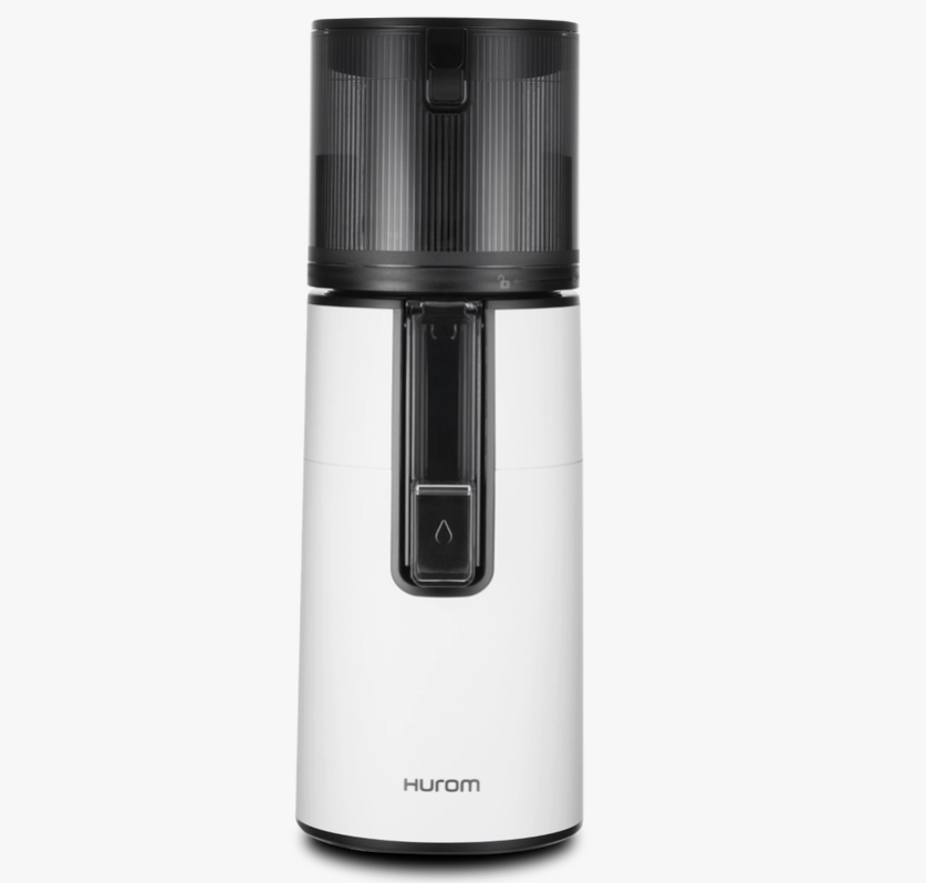 Hurom H400 juicer, white front view with clear chamber and control lever