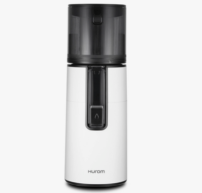 Hurom H400 juicer, white front view with clear chamber and control lever