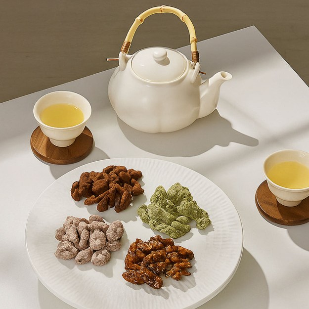 A ceramic tea set arranged on a white table, including a white teapot with a bamboo handle, two white teacups filled with yellow tea on wooden coasters, and a large white plate holding four small piles of assorted nuts and dried fruit.