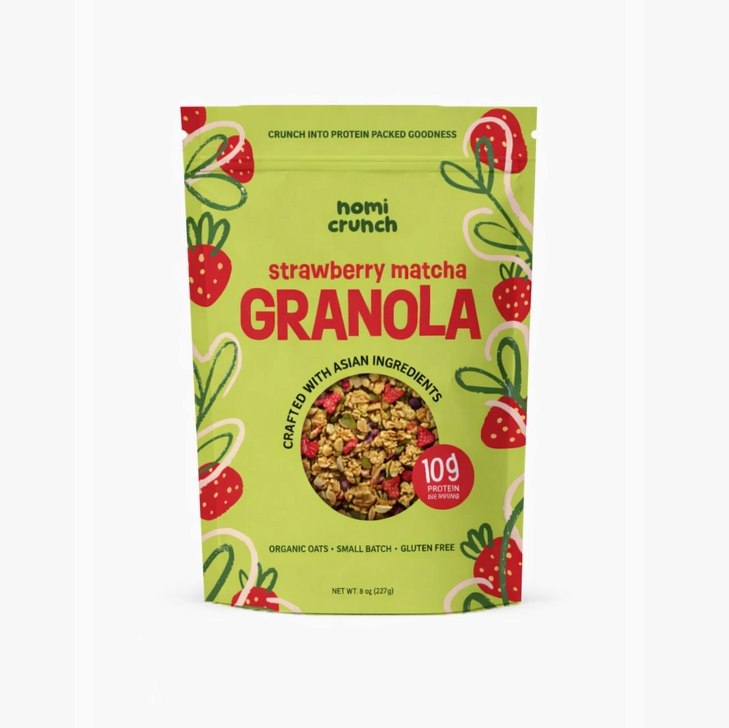 Strawberry matcha granola pouch with front design
