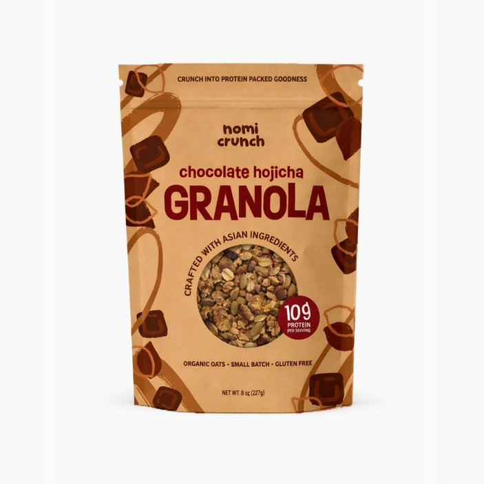 Chocolate hojicha granola pouch with front design