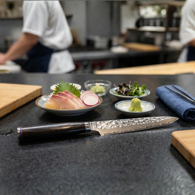 Pairing knife with dark handle and hammered metal blade on a countertop
