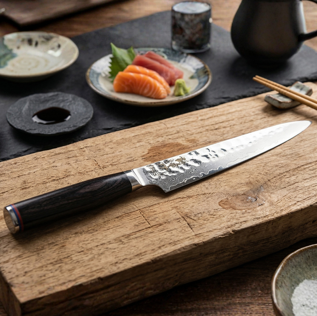 Pairing knife on a wooden board, dark handle and hammered stainless blade