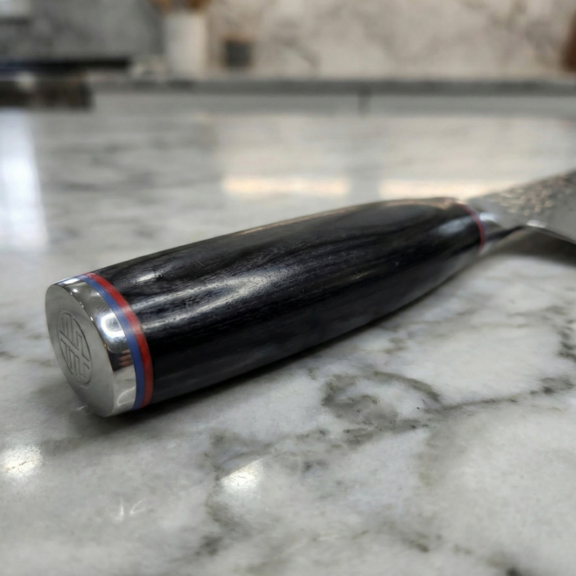 Pairing knife wrapped in protective sleeve, dark handle with red accent bands