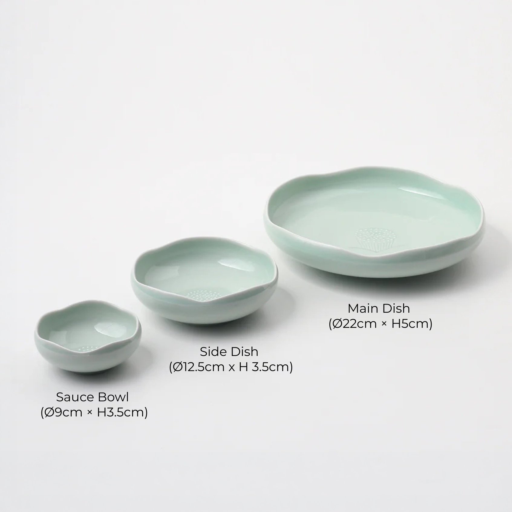 Celadon sauce bowl, small heart-shaped dish with embossed floral dot pattern