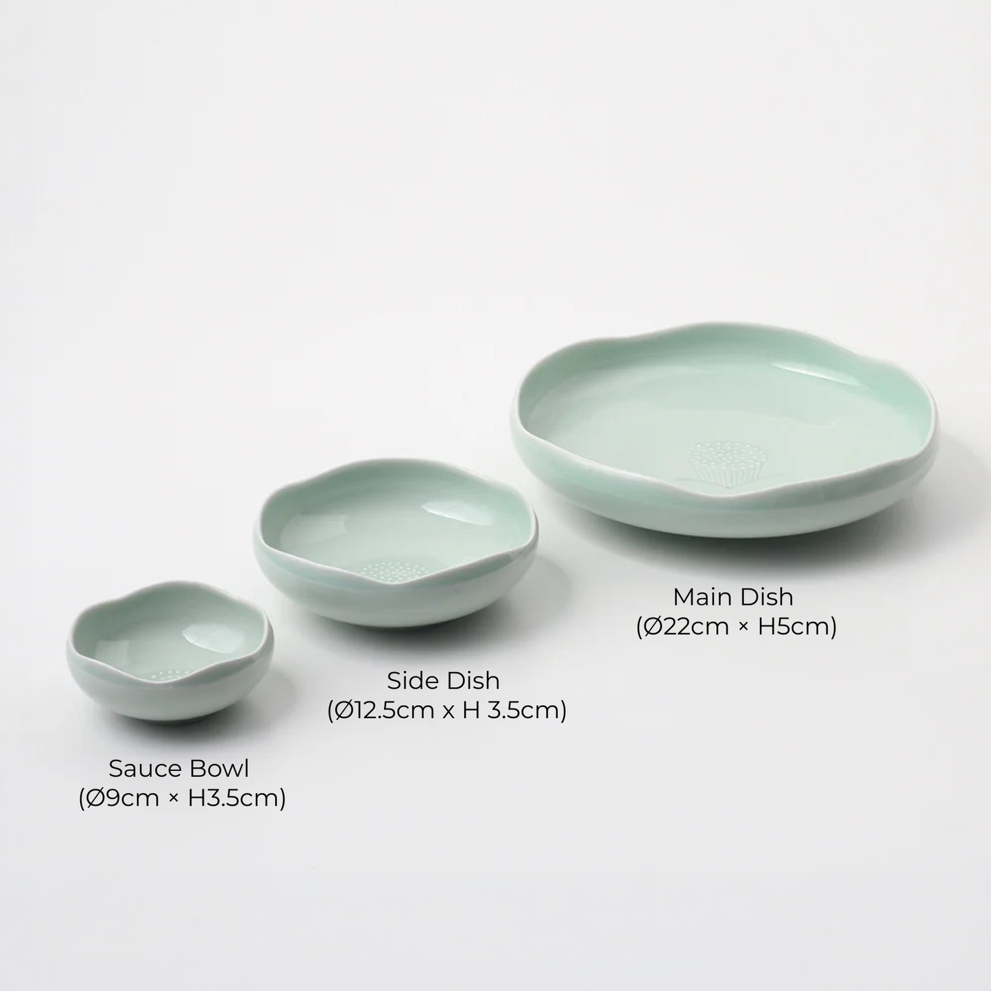 Celadon dish set: main dish, side dish, and sauce bowl in matching glaze
