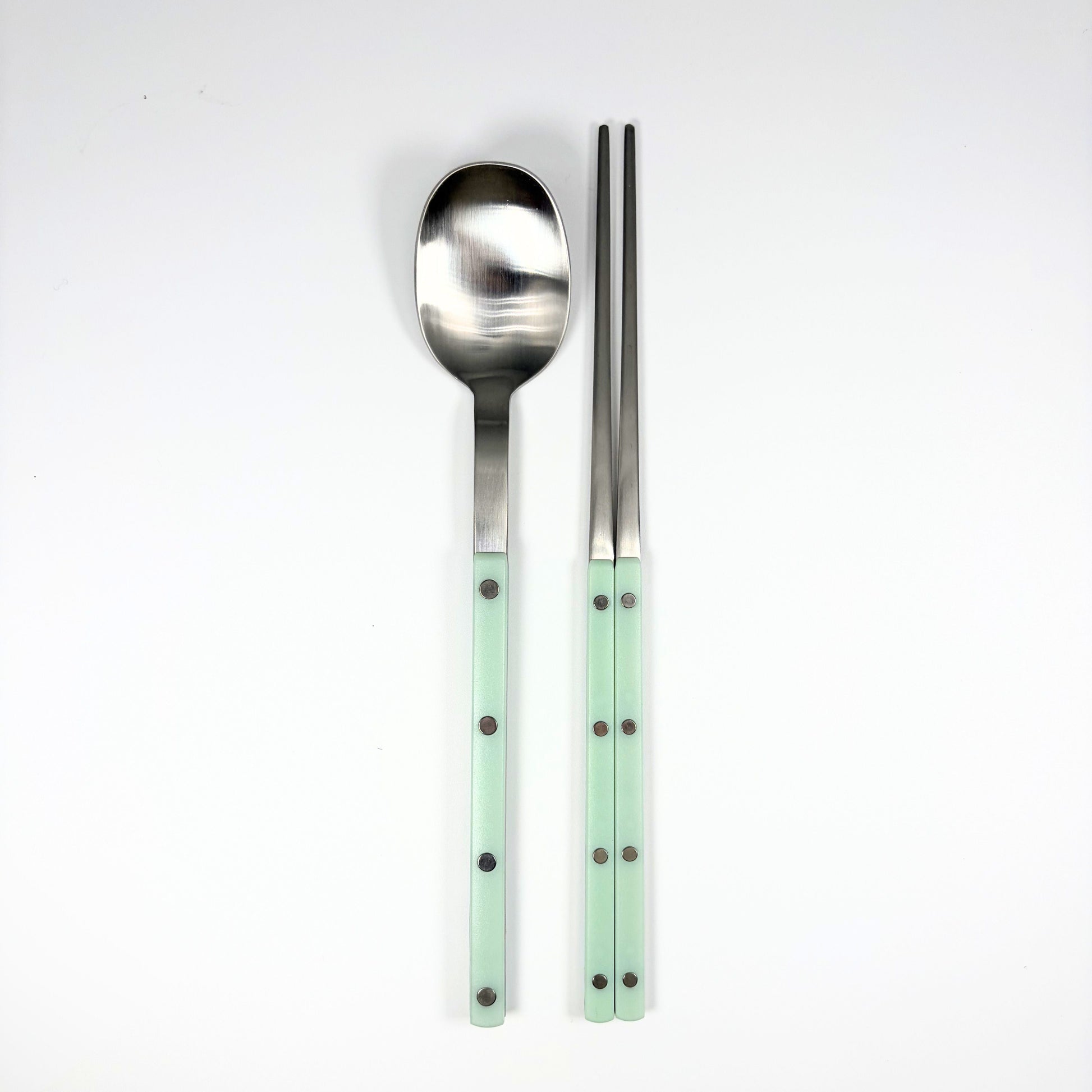 Cutlery set with stainless spoon and chopsticks, soft mint handles with dot accents