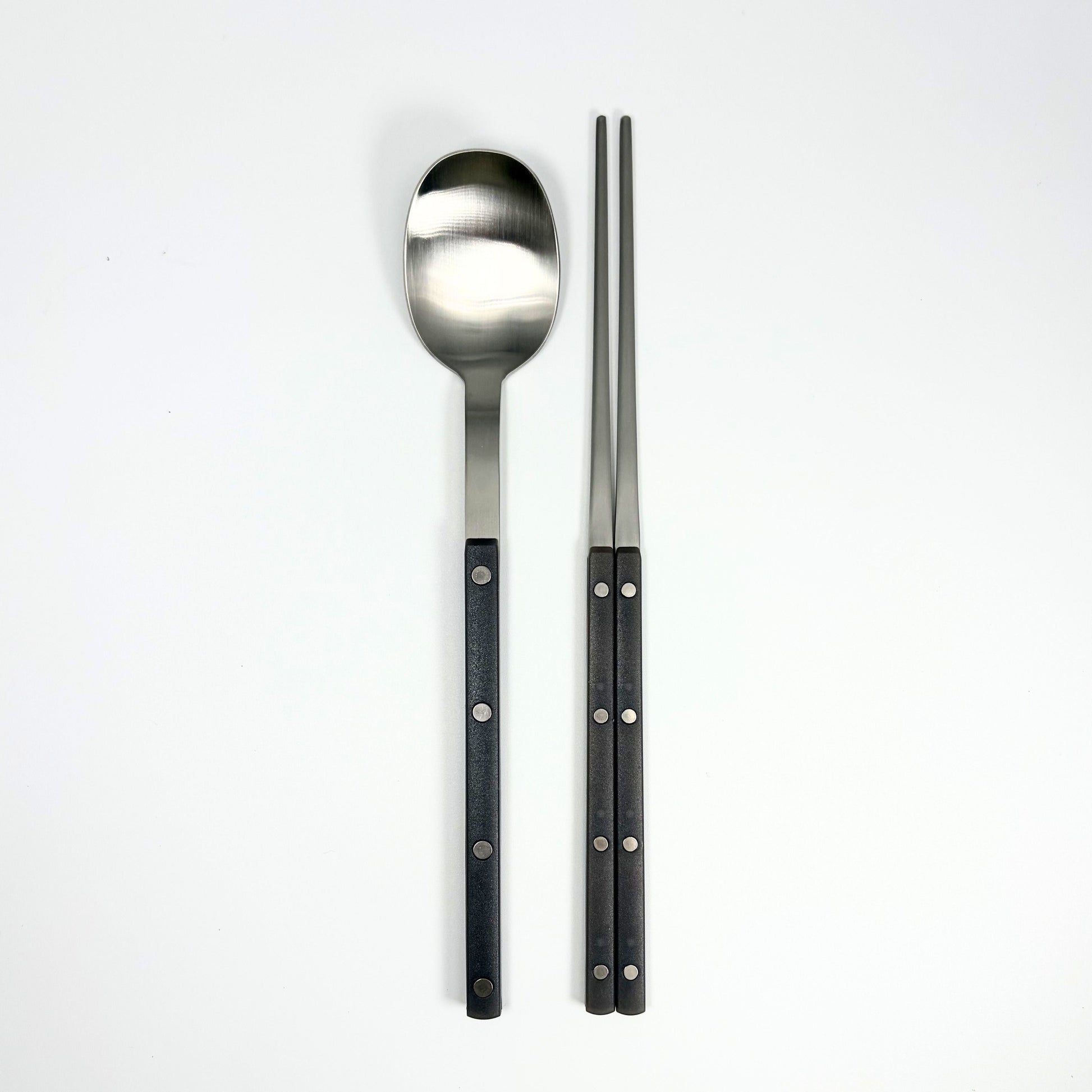 Cutlery set with stainless spoon and chopsticks, charcoal handles with dot accents