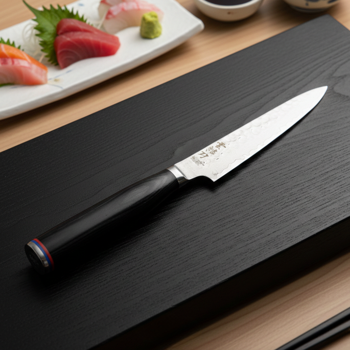 Pairing knife with dark handle and white tip ring on a black cutting board