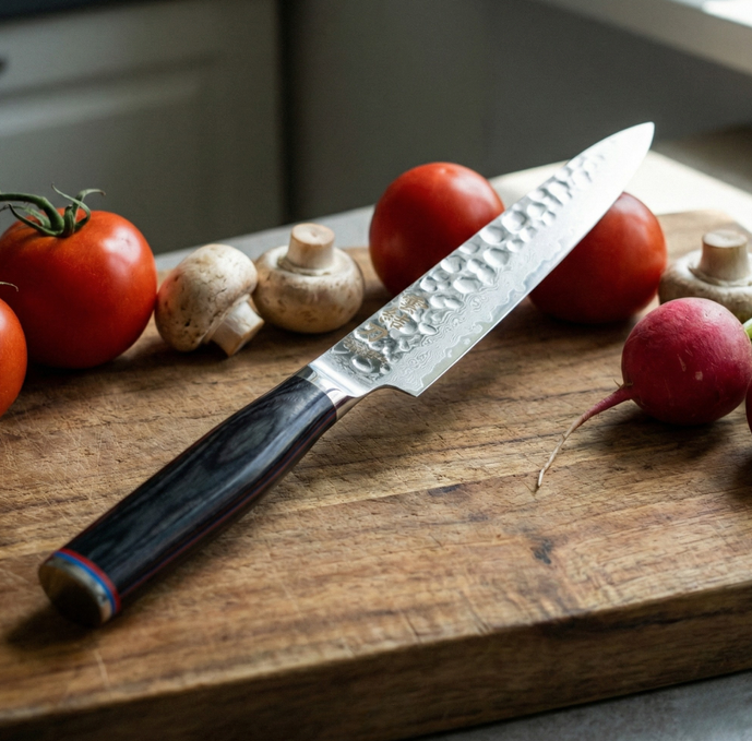 Pairing knife with etched stainless-steel blade and dark ergonomic handle