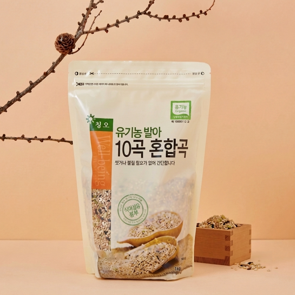 Organic germinated ten-grain mix pouch, 800 g, front label and grain illustration