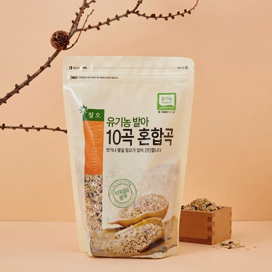 Organic germinated ten-grain mix pouch, 800 g, front label and grain illustration