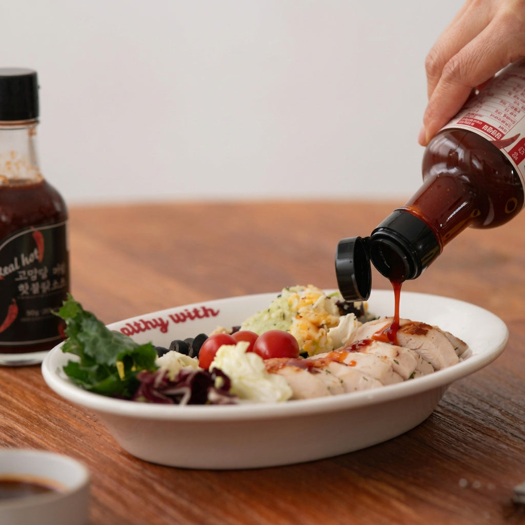 Low-sweet Buldak sauce bottle pouring dark red-brown sauce onto food