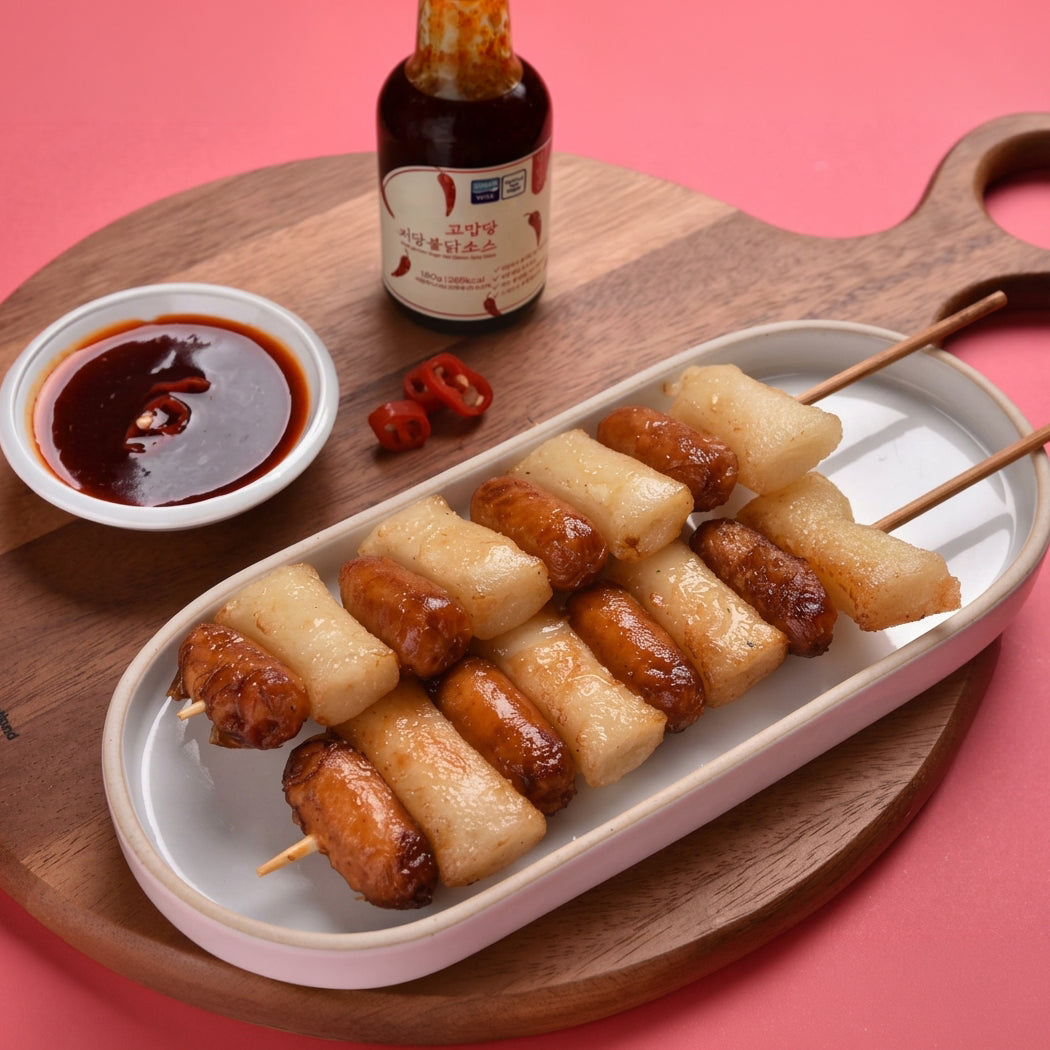Low-sweet Buldak sauce bottle with small sauce cup beside skewers