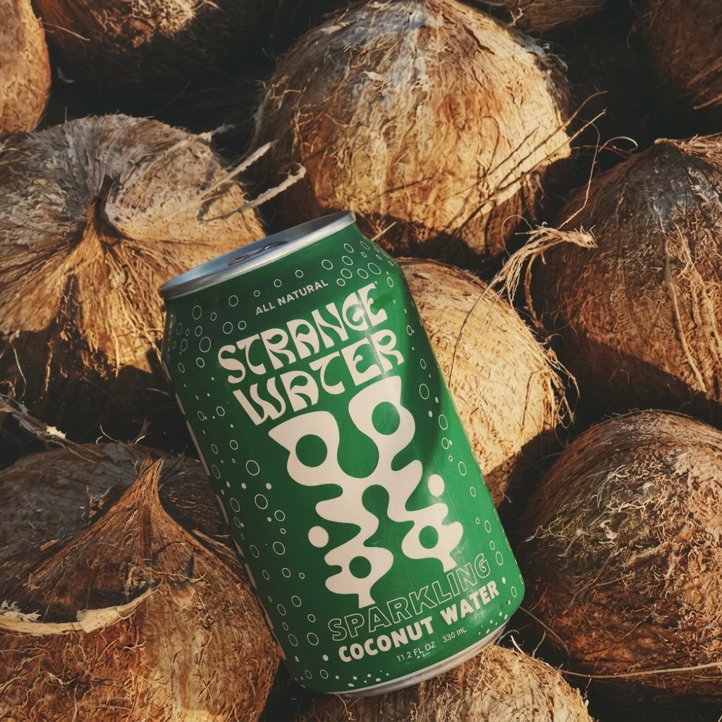 Sparkling coconut water can, green label reading Sparkling Coconut Water