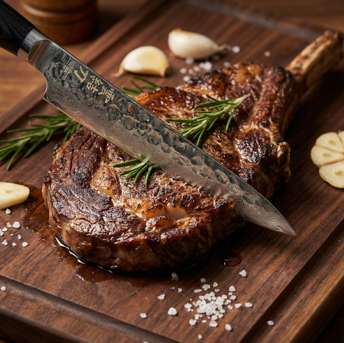Pairing knife slicing a steak with rosemary on a wooden serving board