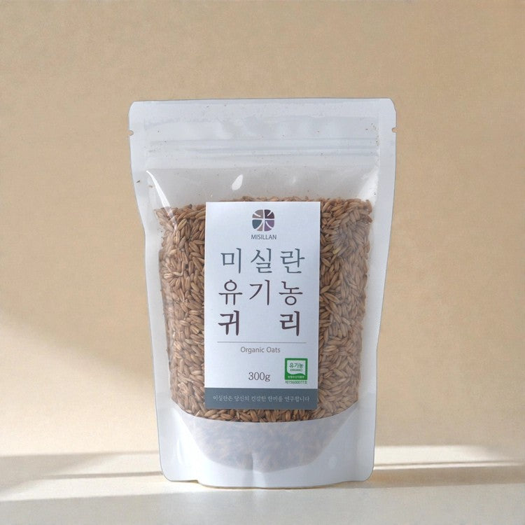 Stand-up pouch of organic oats, grain visible through clear window