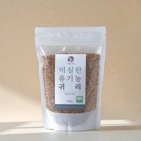 Stand-up pouch of organic oats, grain visible through clear window